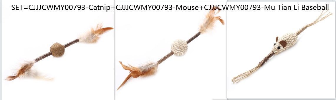 JMT-080586 Wooden Cat Toy with Catnip, Feather, and Hemp Rope - Variety of Designs