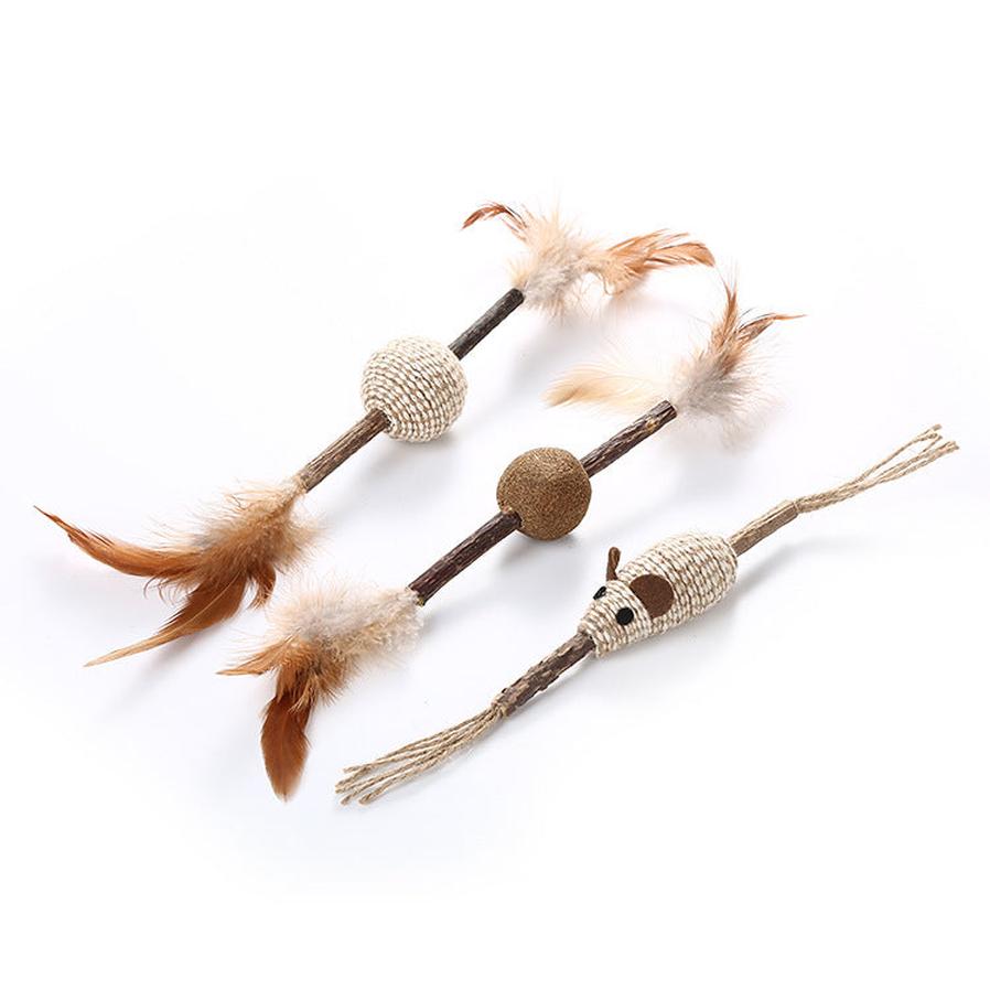 JMT-080586 Wooden Cat Toy with Catnip, Feather, and Hemp Rope - Variety of Designs