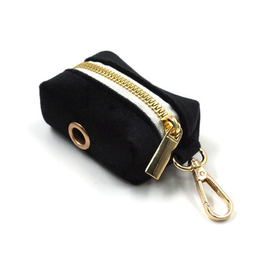 JMT-080778 Black Velvet Pet Collar Set with Gold Buckle, Bow, Leash, and Poop Bag