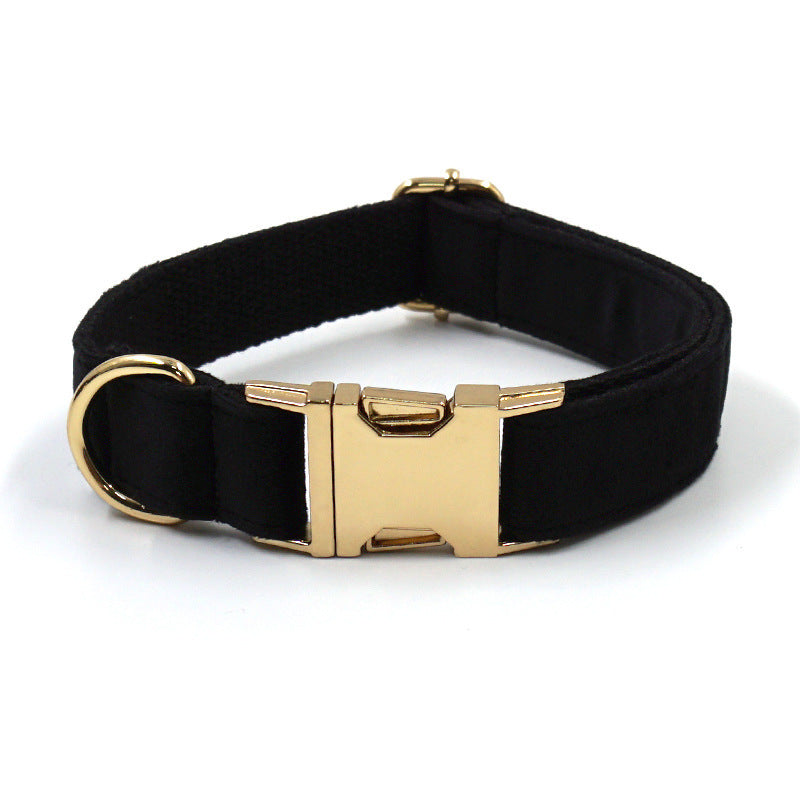 JMT-080778 Black Velvet Pet Collar Set with Gold Buckle, Bow, Leash, and Poop Bag