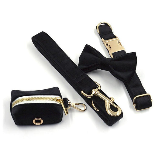 JMT-080778 Black Velvet Pet Collar Set with Gold Buckle, Bow, Leash, and Poop Bag