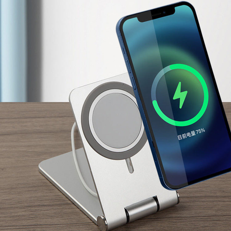 JMT-081290 Magnetic Wireless Charger with Lazy Bracket for Mobile Phones - Silver, Compact Desktop Charging Base