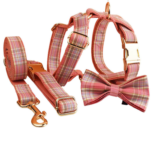 JMT-081930 Plaid Pet Collar and Leash Set with Bow - Perfect for Weddings and Special Occasions