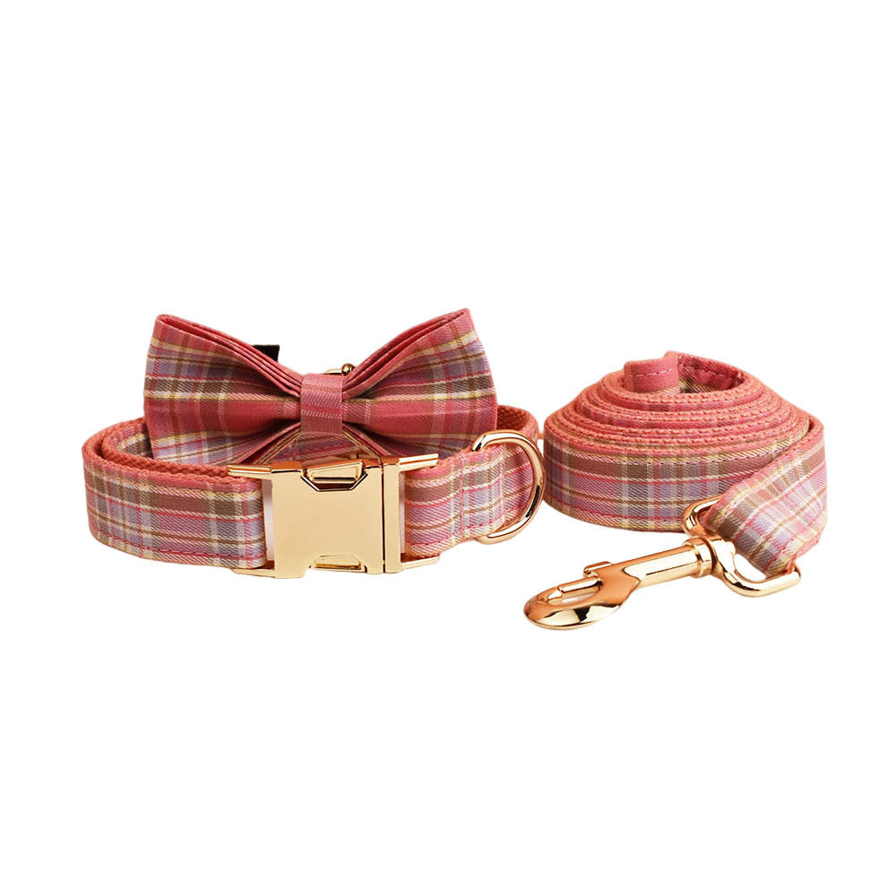 JMT-081930 Plaid Pet Collar and Leash Set with Bow - Perfect for Weddings and Special Occasions