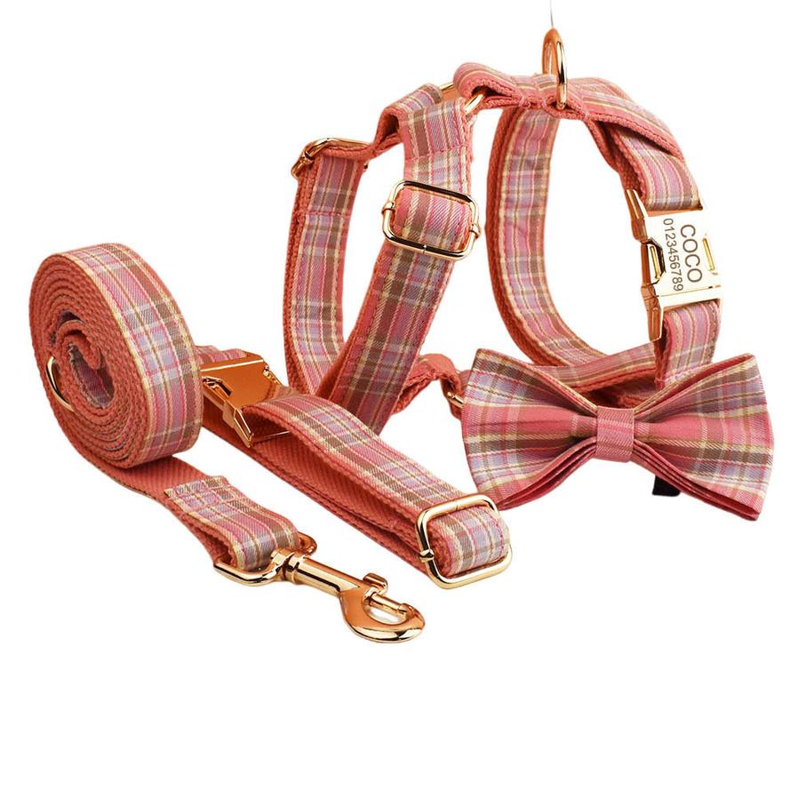JMT-081930 Plaid Pet Collar and Leash Set with Bow - Perfect for Weddings and Special Occasions