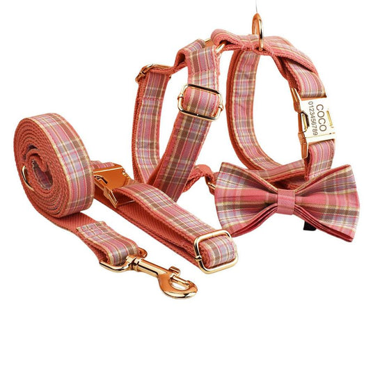 JMT-081930 Plaid Pet Collar and Leash Set with Bow - Perfect for Weddings and Special Occasions