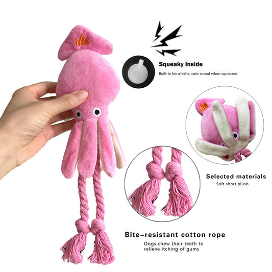 JMT-082570 Cute Pink Squid Plush Chew Toy for Small to Medium Dogs with Squeaker and Rope for Interactive Play