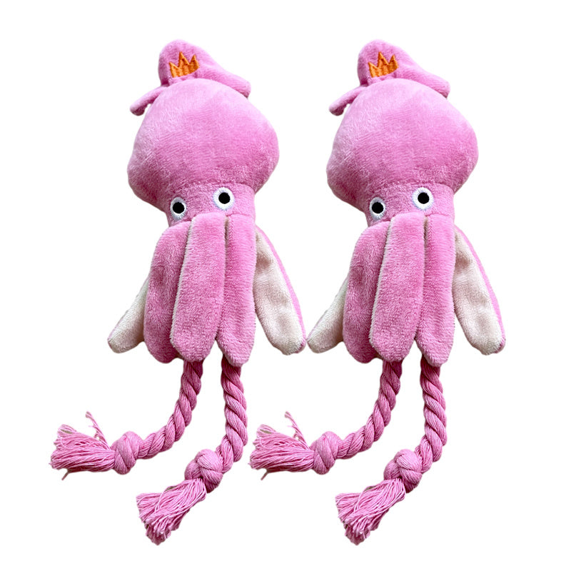 JMT-082570 Cute Pink Squid Plush Chew Toy for Small to Medium Dogs with Squeaker and Rope for Interactive Play