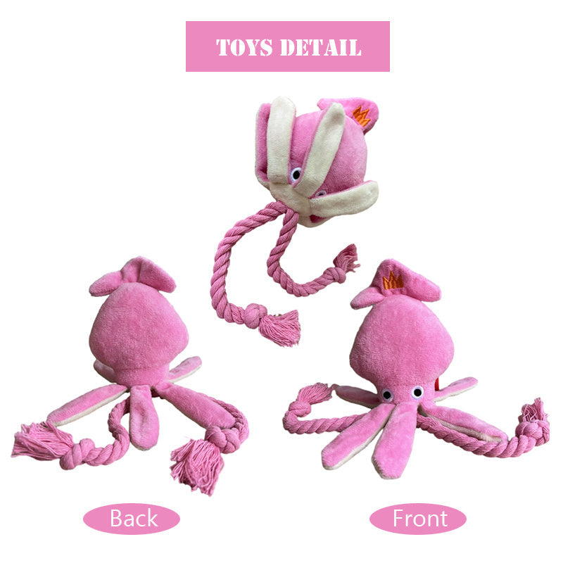 JMT-082570 Cute Pink Squid Plush Chew Toy for Small to Medium Dogs with Squeaker and Rope for Interactive Play