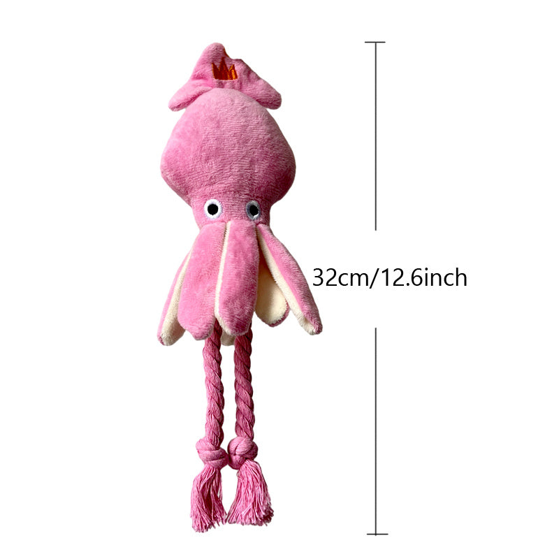 JMT-082570 Cute Pink Squid Plush Chew Toy for Small to Medium Dogs with Squeaker and Rope for Interactive Play