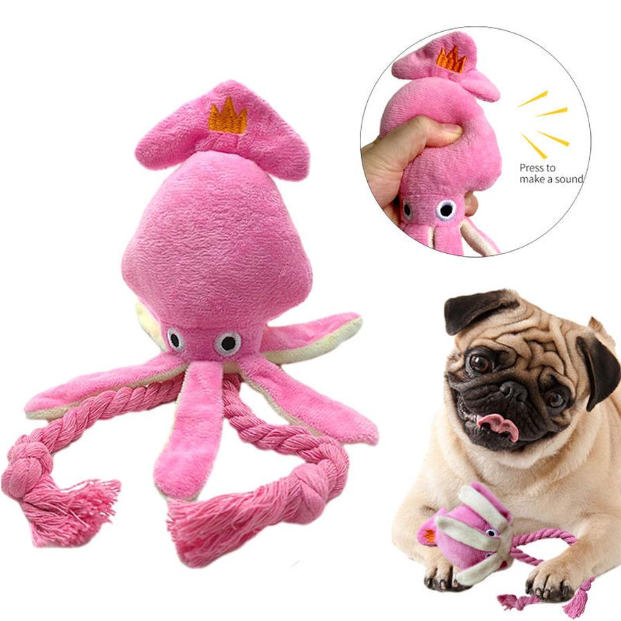 JMT-082570 Cute Pink Squid Plush Chew Toy for Small to Medium Dogs with Squeaker and Rope for Interactive Play