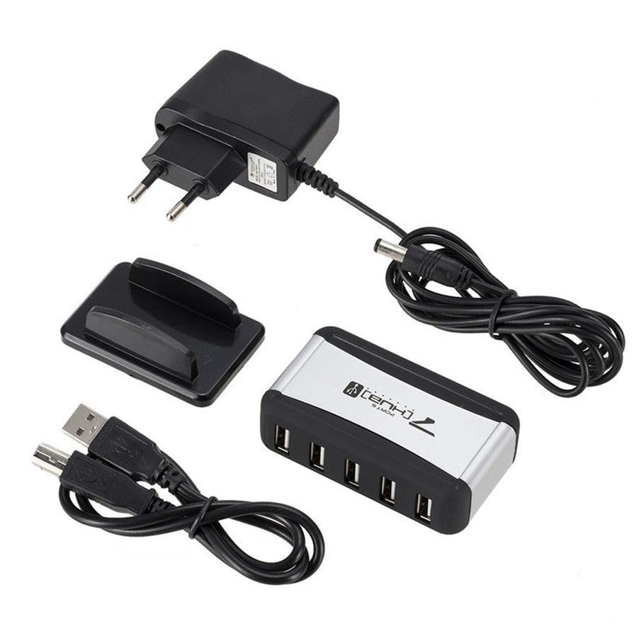 JMT-082762 7-Port USB 2.0 Hub with AC Adapter and Vertical Bracket for Seamless Device Connection