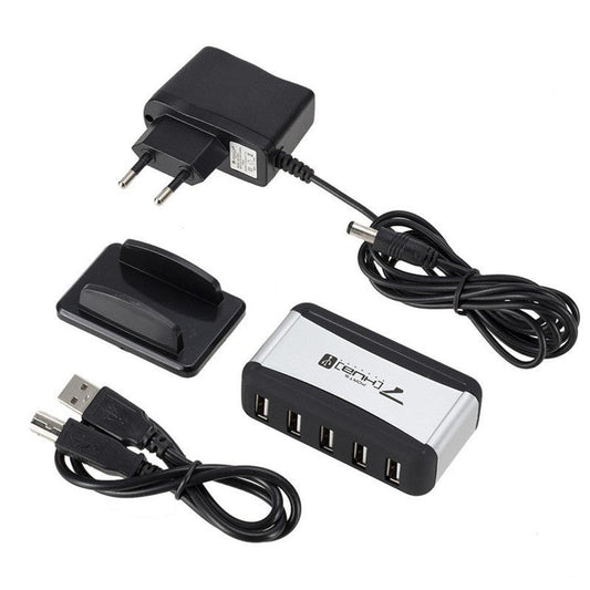 JMT-082762 7-Port USB 2.0 Hub with AC Adapter and Vertical Bracket for Seamless Device Connection