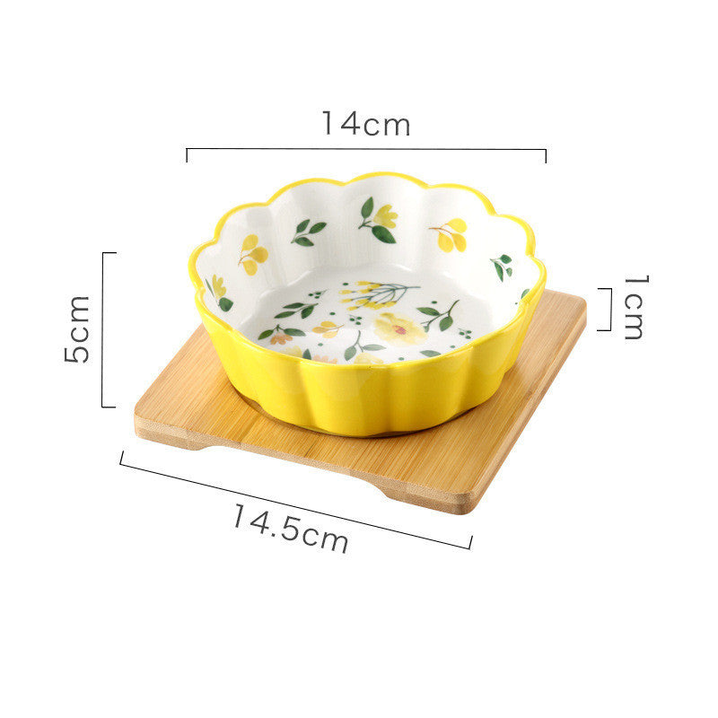 JMT-082762 Ceramic Pet Bowl with Bamboo Wood Tray - Suitable for Cats and Dogs, 450ml Capacity