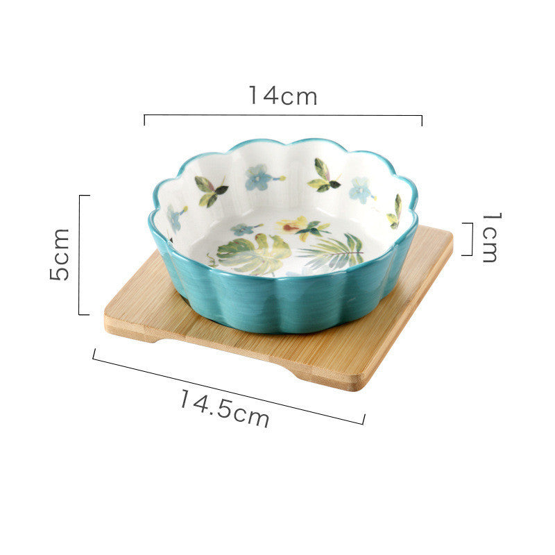 JMT-082762 Ceramic Pet Bowl with Bamboo Wood Tray - Suitable for Cats and Dogs, 450ml Capacity