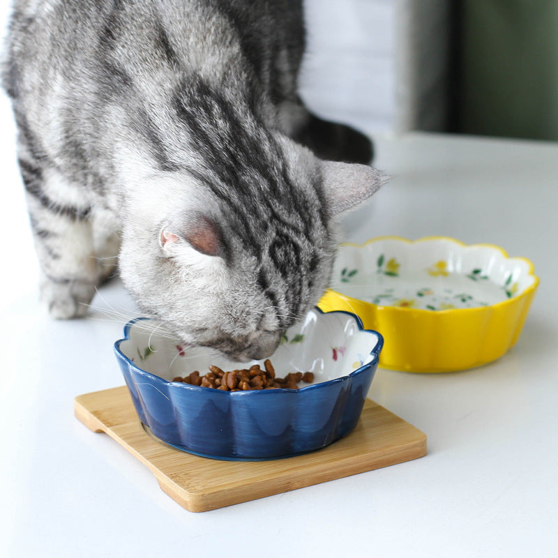JMT-082762 Ceramic Pet Bowl with Bamboo Wood Tray - Suitable for Cats and Dogs, 450ml Capacity