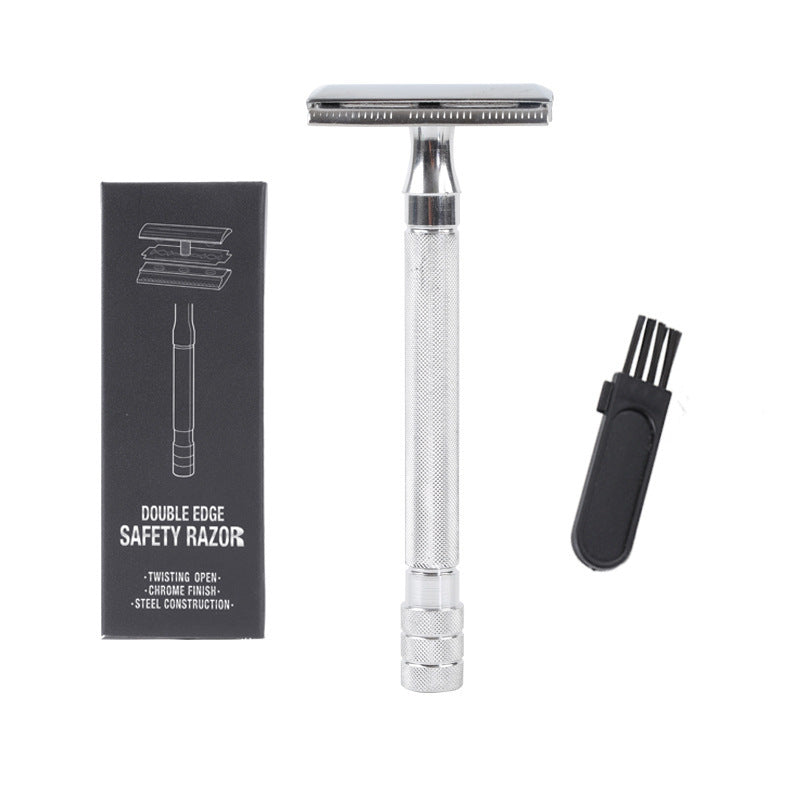 JMT-082826 Vintage Manual Safety Shaver Set with Brush – Aluminum and Zinc Alloy Design
