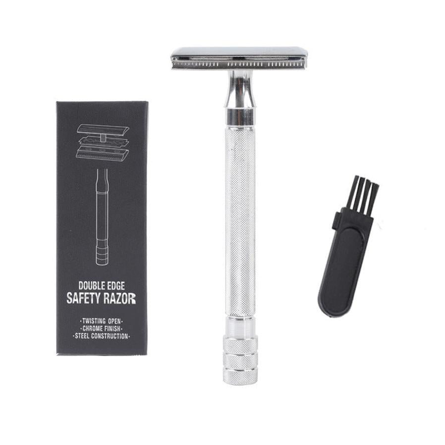JMT-082826 Vintage Manual Safety Shaver Set with Brush – Aluminum and Zinc Alloy Design