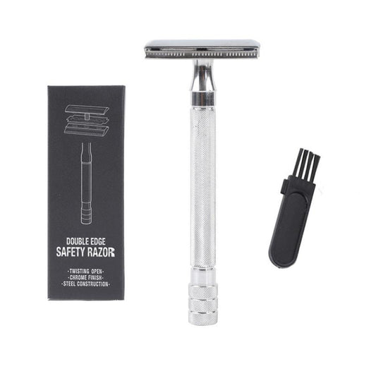 JMT-082826 Vintage Manual Safety Shaver Set with Brush – Aluminum and Zinc Alloy Design