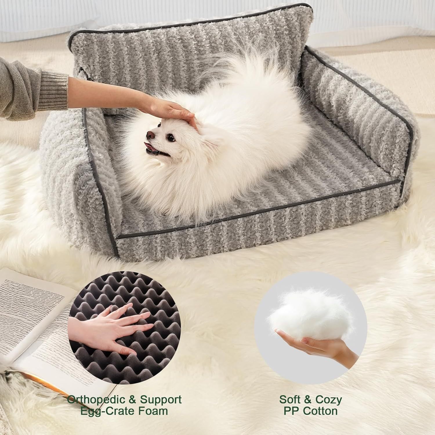 JMT-082890 Orthopedic Supportive Pet Sofa Bed for Small to Medium Dogs and Cats, Removable Cover, Anti-Slip Design, Grey, Large Size