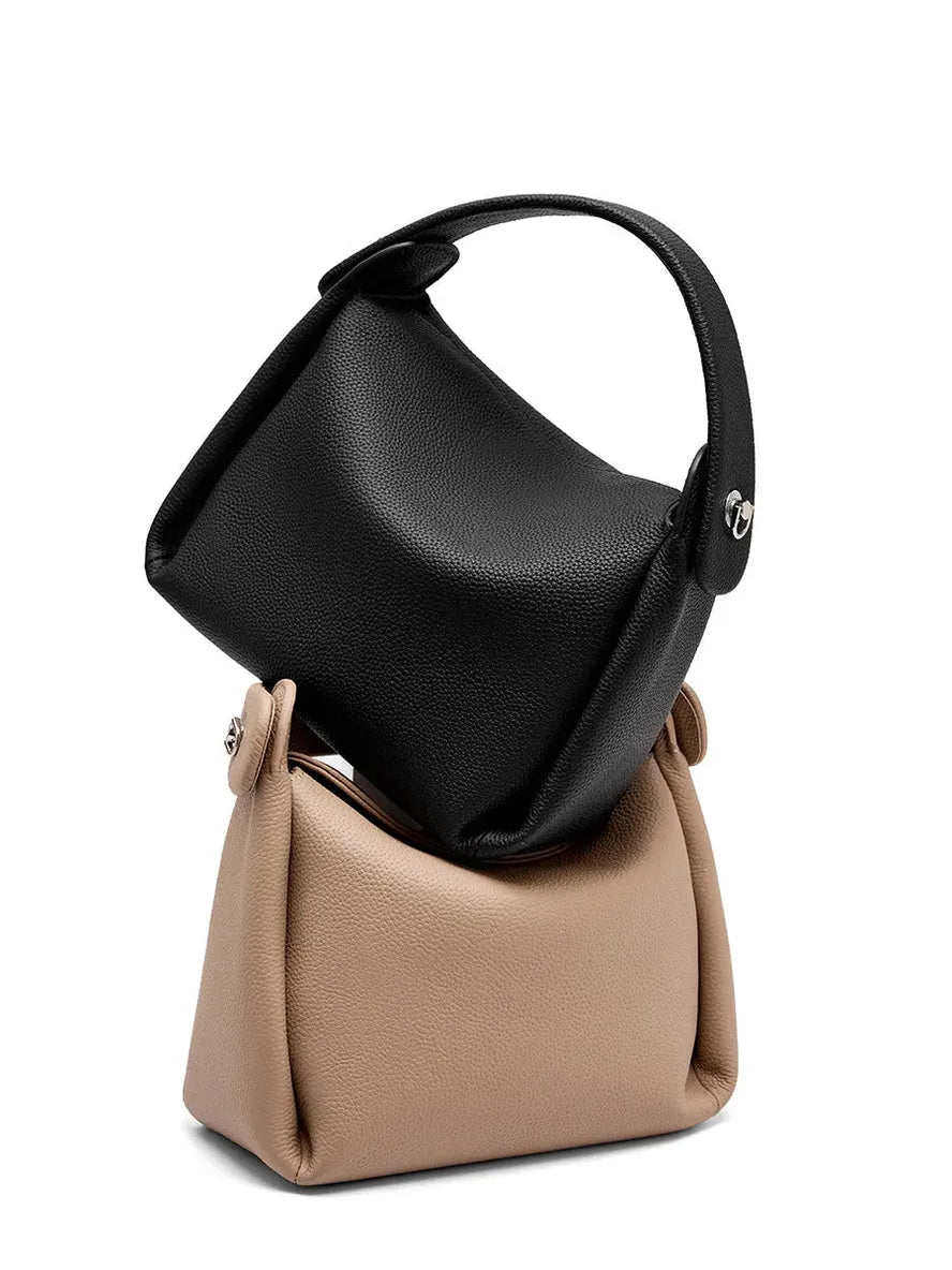 JMT-083274 Top Layer Cowhide Soft Box Handbag - Versatile Crossbody and Shoulder Bag in Milk Tea and Black