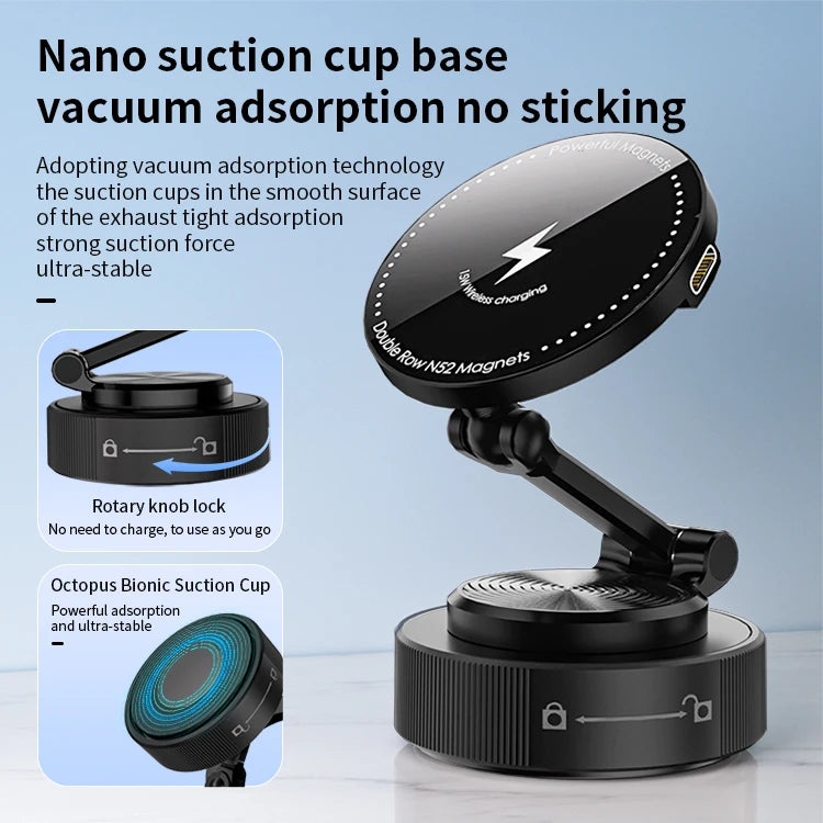 JMT-083402 Folding Magnetic 15W Wireless Car Charging Phone Holder with 360-Degree Rotation for Dashboard and Windshield