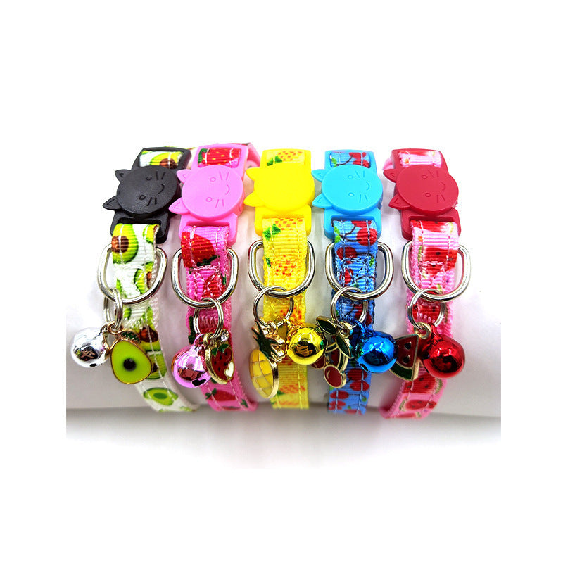 JMT-083402 Pet Print Bell Cat Collar - Stylish Adjustable Nylon Strap in Strawberry, Cherry, Avocado, Watermelon, Pineapple
