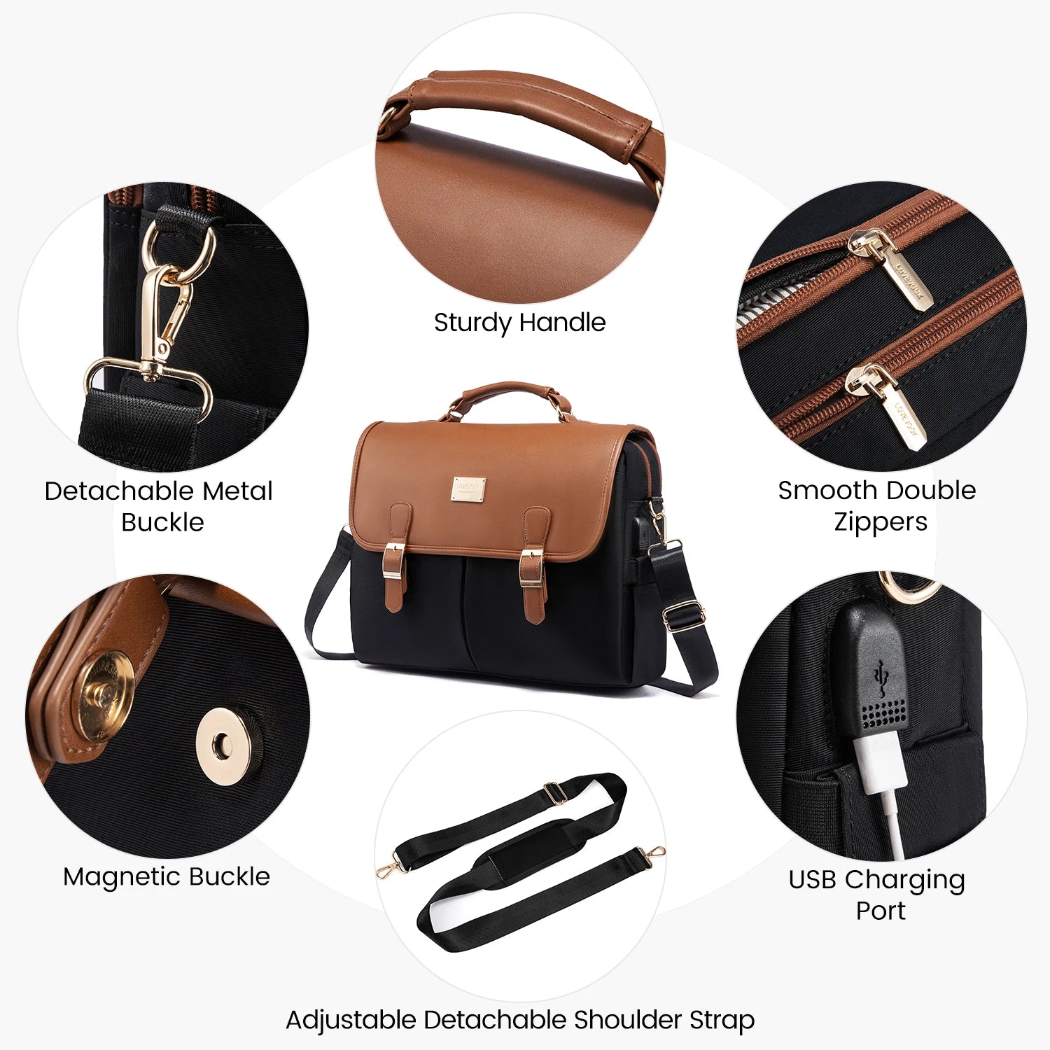 JMT-083402 Waterproof Crossbody Laptop Briefcase with USB Port for Office and Travel