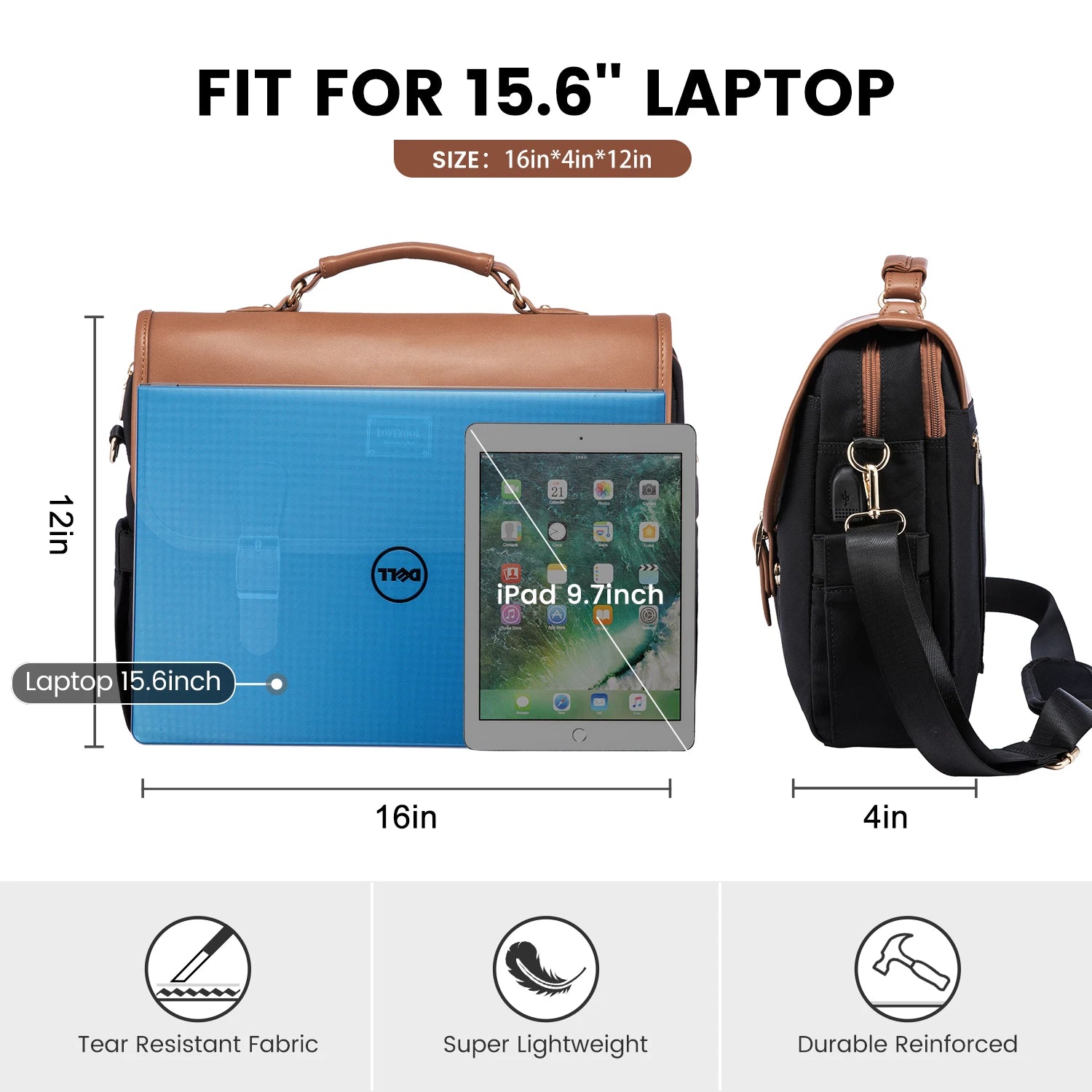 JMT-083402 Waterproof Crossbody Laptop Briefcase with USB Port for Office and Travel