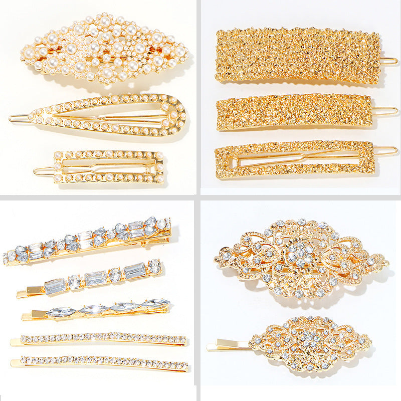JMT-084426 Geometric Diamond Hairpin with Pearl Accents - Retro Alloy Side Clip for Women