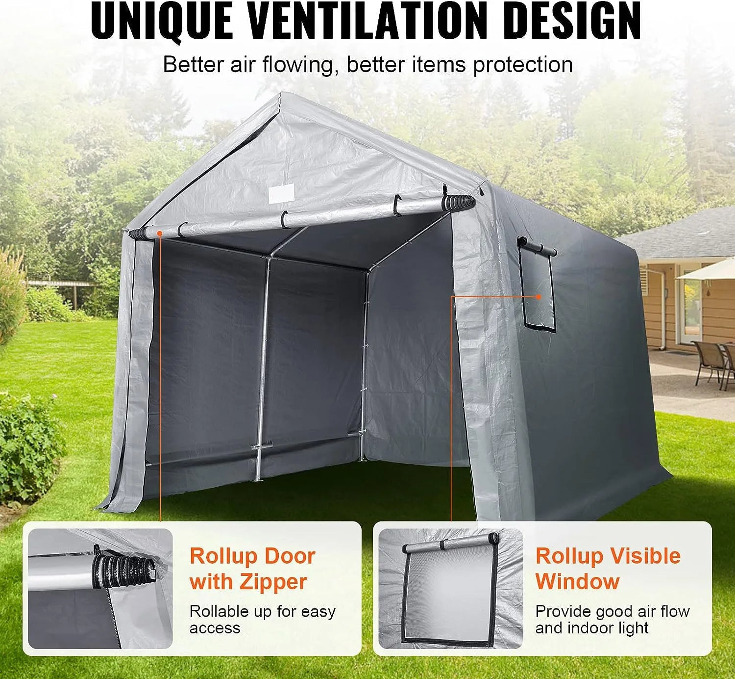 JMT-086666 Portable Waterproof Steel Frame Garage Storage Shed with Reusable Anchors