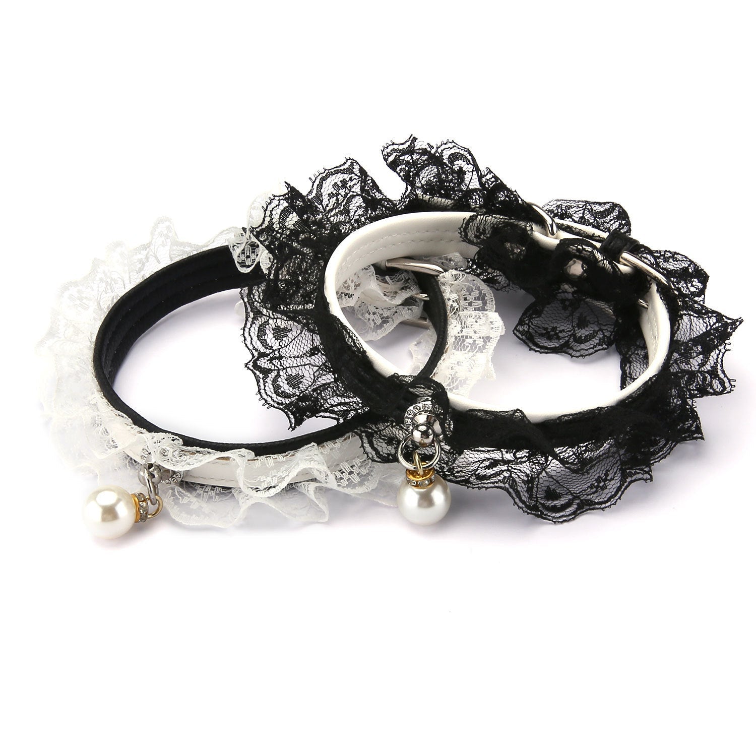 JMT-086858 Black and White Lace Cat Collar with Bell - Princess Style, Adjustable 25-32cm
