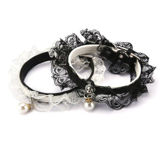 JMT-086858 Black and White Lace Cat Collar with Bell - Princess Style, Adjustable 25-32cm
