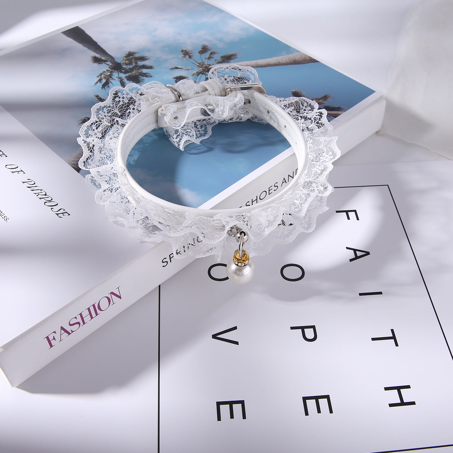 JMT-086858 Black and White Lace Cat Collar with Bell - Princess Style, Adjustable 25-32cm