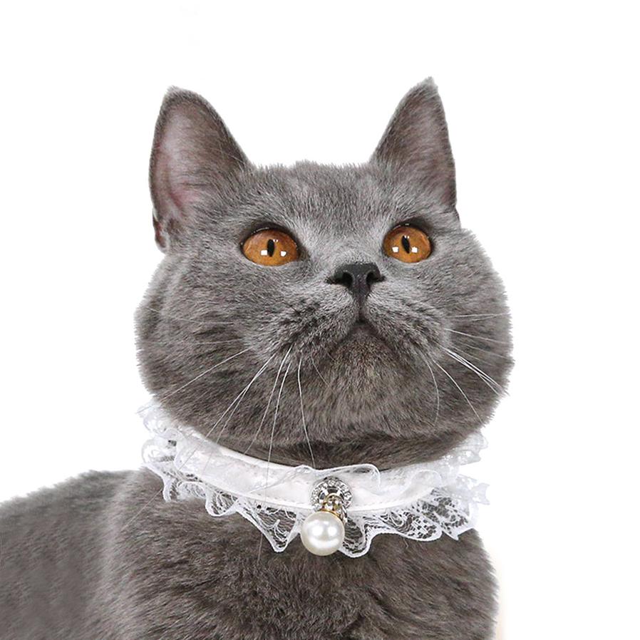 JMT-086858 Black and White Lace Cat Collar with Bell - Princess Style, Adjustable 25-32cm