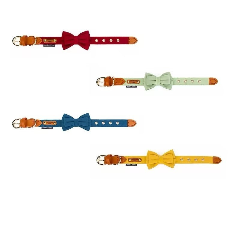 JMT-087690 Dog Leather Bowknot Collar with Handheld Rope - Twill Brushed Flannel & Two-Layer Cowhide, Available in Multiple Colors