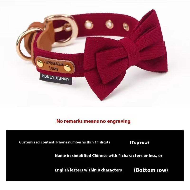 JMT-087690 Dog Leather Bowknot Collar with Handheld Rope - Twill Brushed Flannel & Two-Layer Cowhide, Available in Multiple Colors