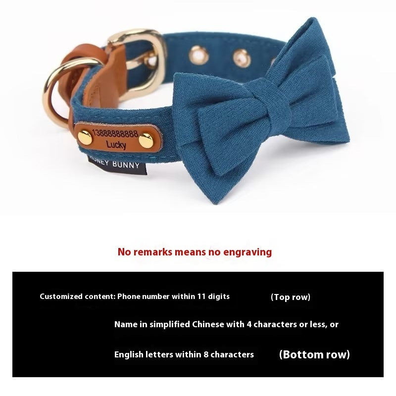 JMT-087690 Dog Leather Bowknot Collar with Handheld Rope - Twill Brushed Flannel & Two-Layer Cowhide, Available in Multiple Colors