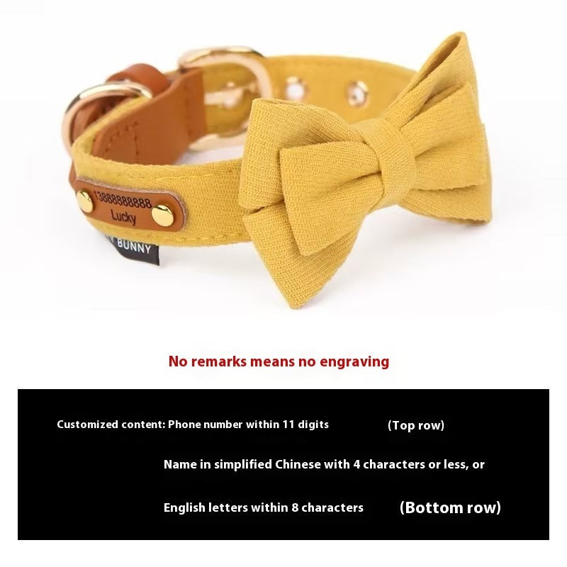 JMT-087690 Dog Leather Bowknot Collar with Handheld Rope - Twill Brushed Flannel & Two-Layer Cowhide, Available in Multiple Colors