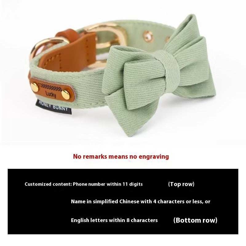 JMT-087690 Dog Leather Bowknot Collar with Handheld Rope - Twill Brushed Flannel & Two-Layer Cowhide, Available in Multiple Colors