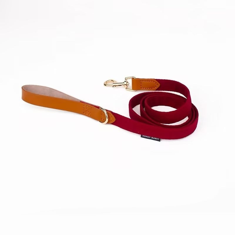 JMT-087690 Dog Leather Bowknot Collar with Handheld Rope - Twill Brushed Flannel & Two-Layer Cowhide, Available in Multiple Colors