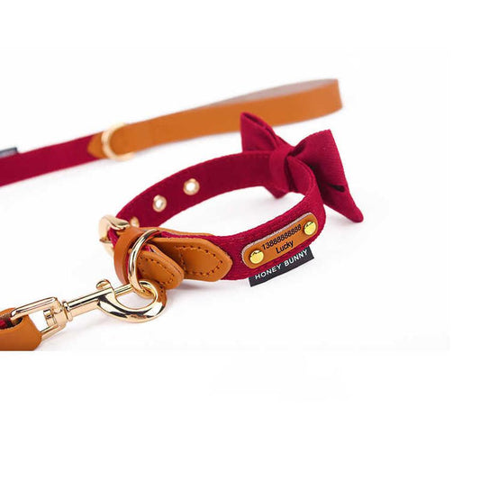 JMT-087690 Dog Leather Bowknot Collar with Handheld Rope - Twill Brushed Flannel & Two-Layer Cowhide, Available in Multiple Colors