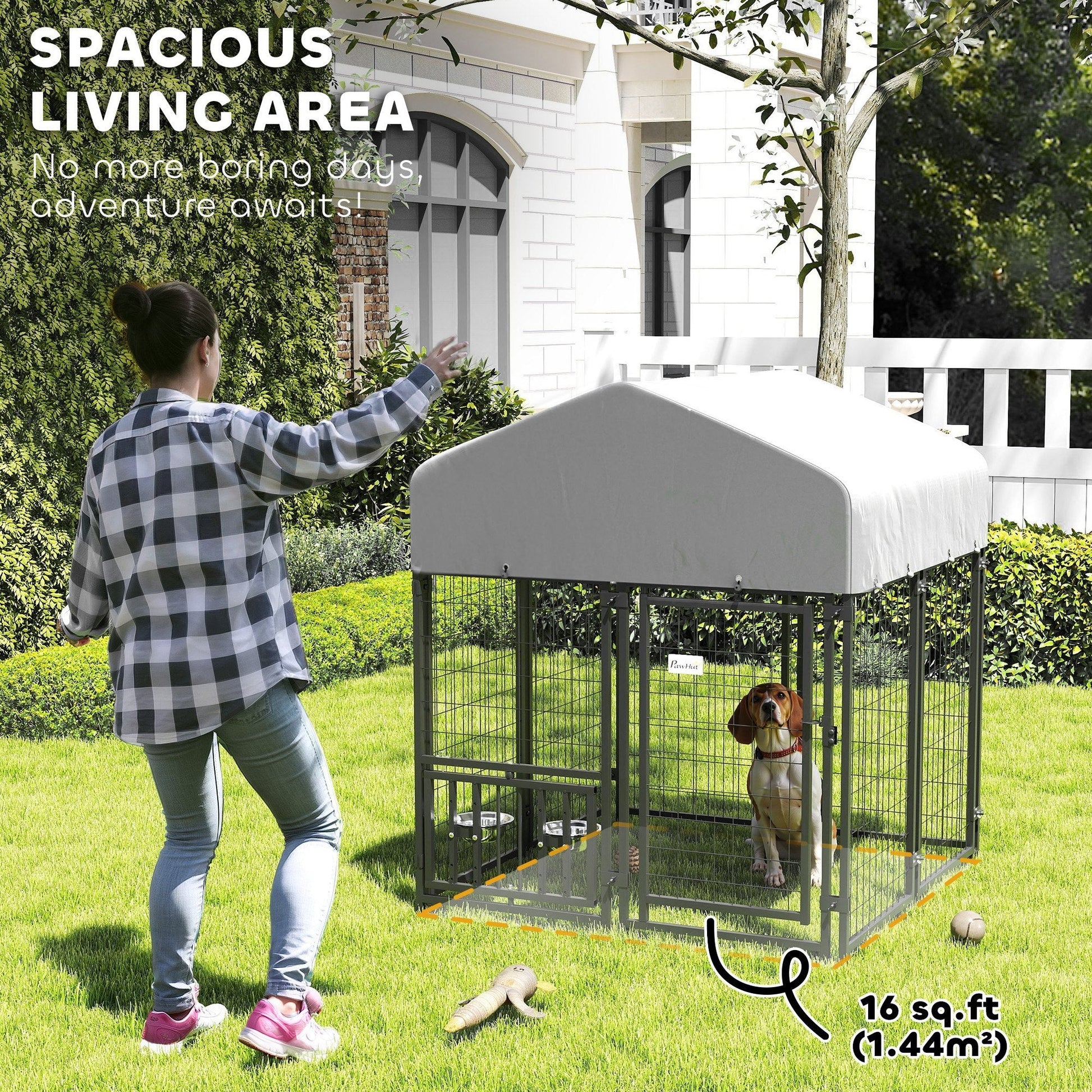 JMT-088202 Welded Wire Outdoor Dog Kennel with Adjustable Bowl Racks and Waterproof Cover, 47.2" X 47.2" X 54.3"