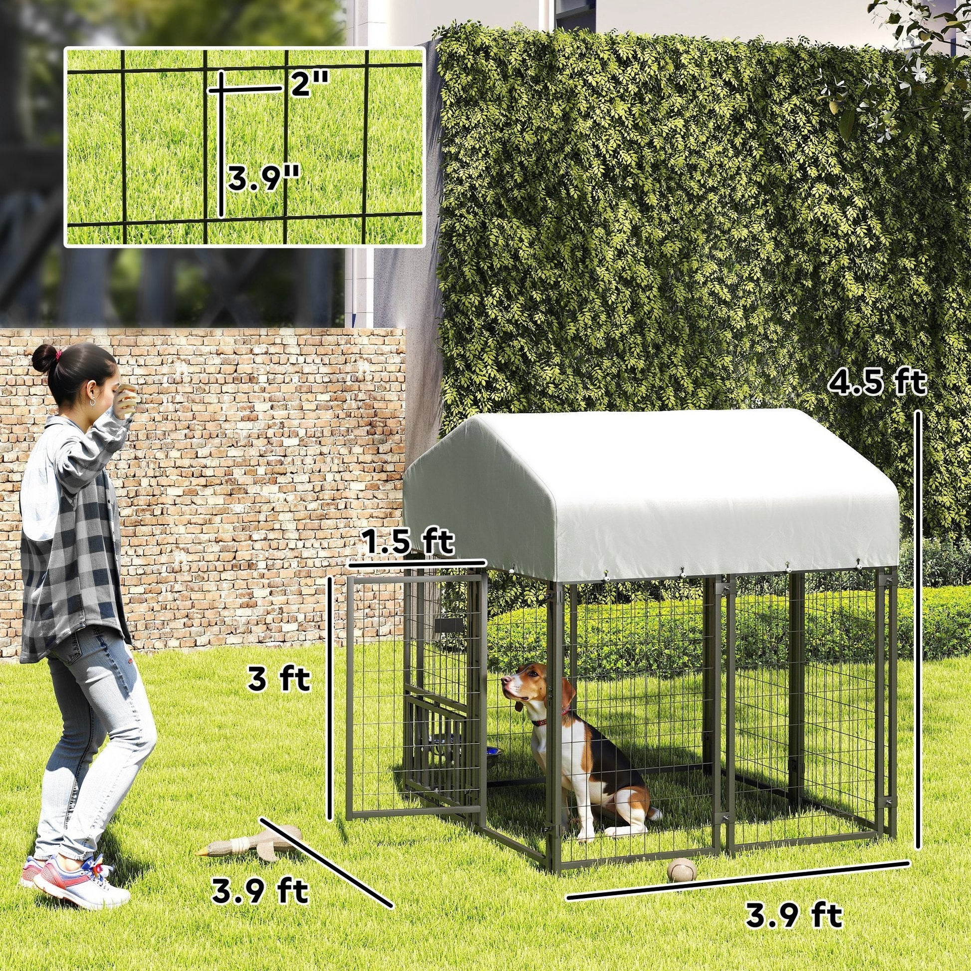 JMT-088202 Welded Wire Outdoor Dog Kennel with Adjustable Bowl Racks and Waterproof Cover, 47.2" X 47.2" X 54.3"