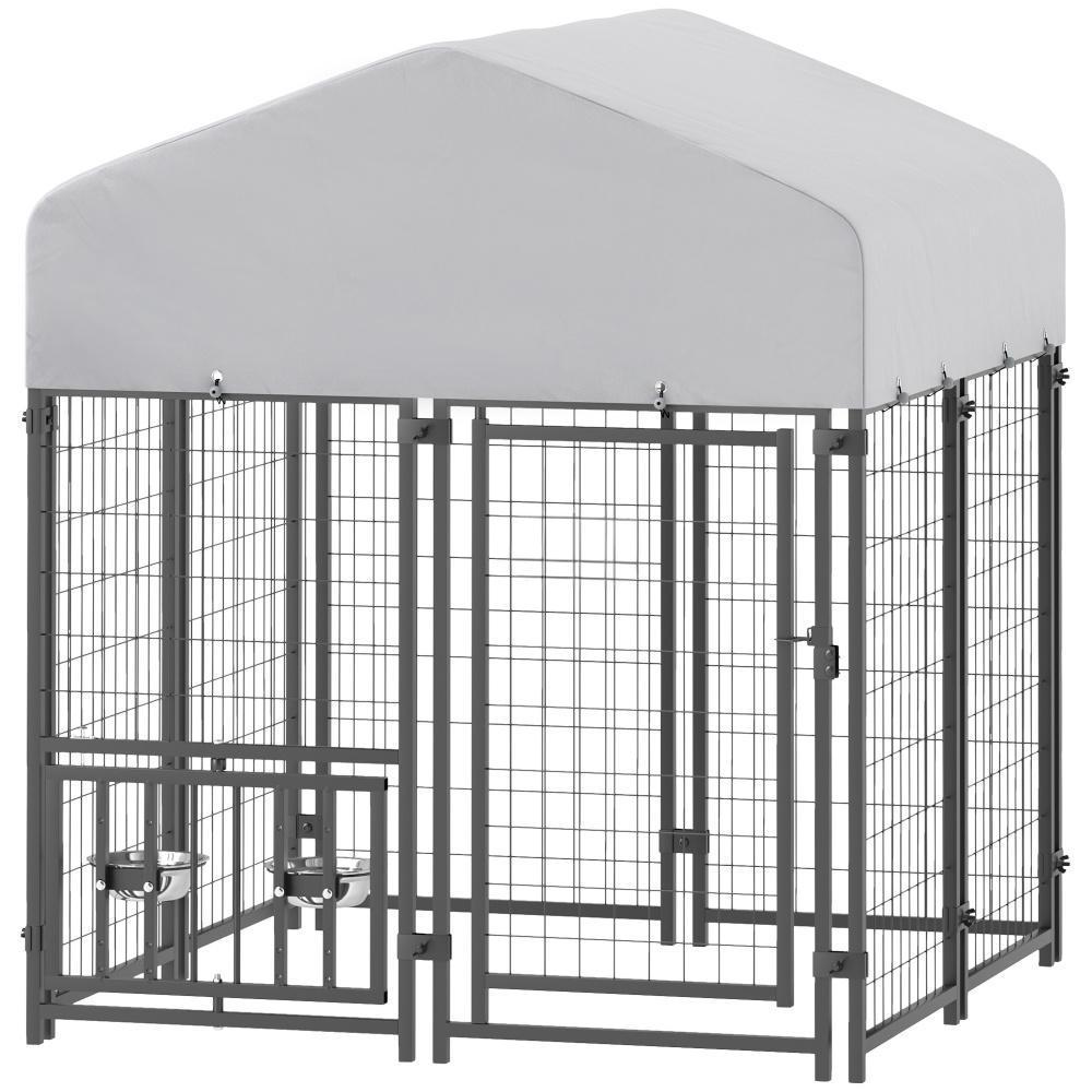 JMT-088202 Welded Wire Outdoor Dog Kennel with Adjustable Bowl Racks and Waterproof Cover, 47.2" X 47.2" X 54.3"