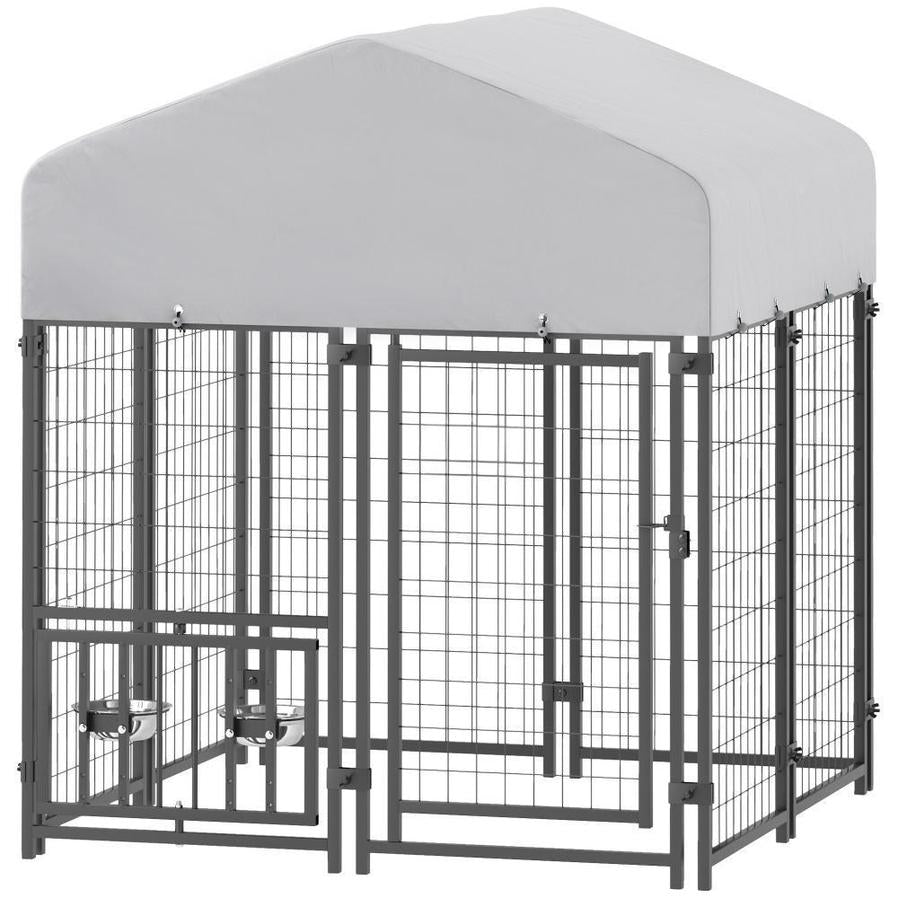JMT-088202 Welded Wire Outdoor Dog Kennel with Adjustable Bowl Racks and Waterproof Cover, 47.2" X 47.2" X 54.3"