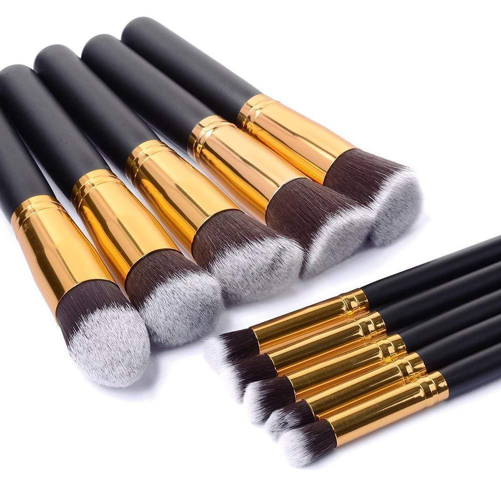 JMT-090762 Portable Makeup Brush Set with Wooden Handles - 10-Piece Collection in Gold and Silver Variants