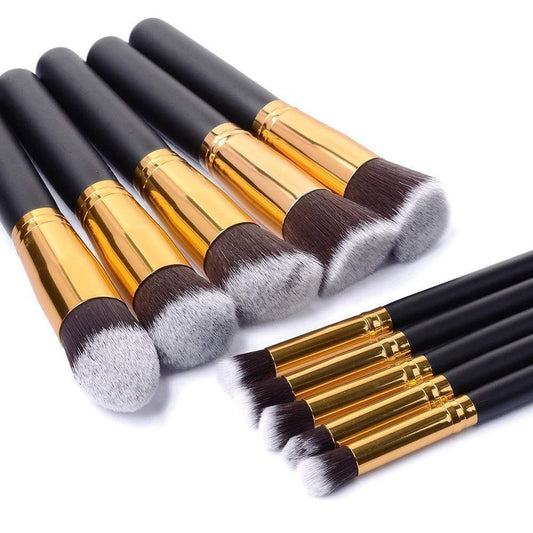 JMT-090762 Portable Makeup Brush Set with Wooden Handles - 10-Piece Collection in Gold and Silver Variants