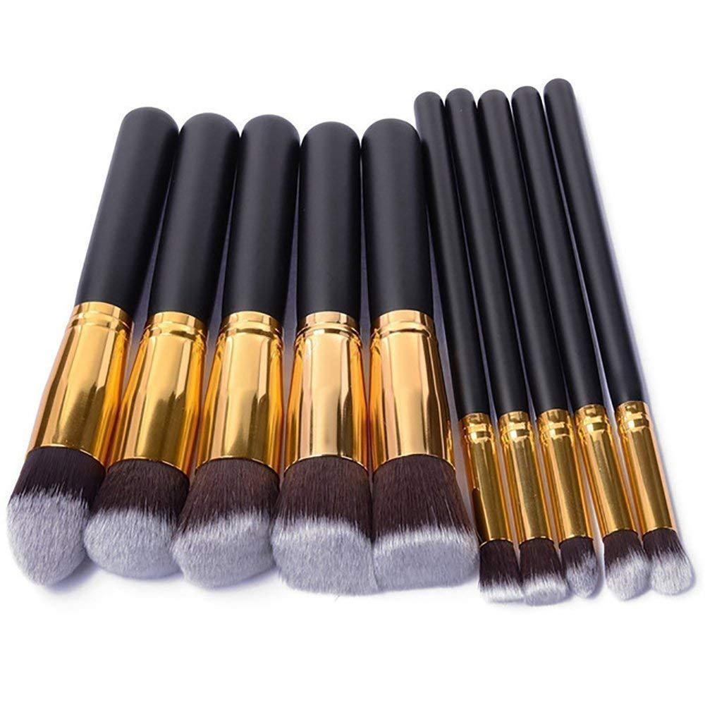 JMT-090762 Portable Makeup Brush Set with Wooden Handles - 10-Piece Collection in Gold and Silver Variants