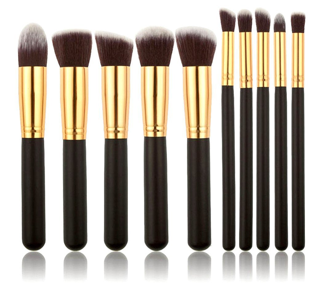 JMT-090762 Portable Makeup Brush Set with Wooden Handles - 10-Piece Collection in Gold and Silver Variants